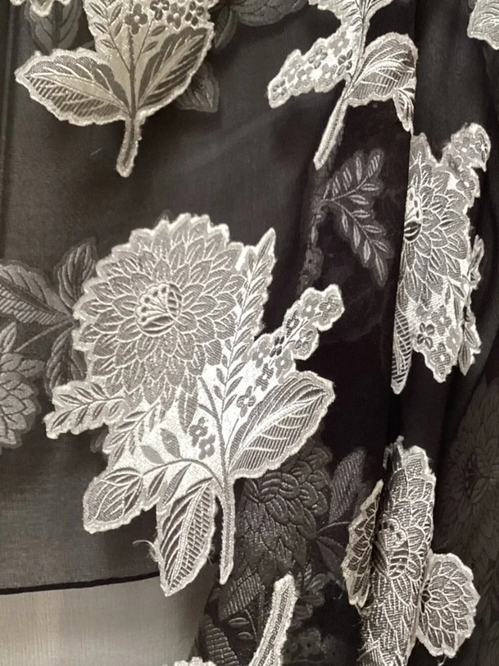 Black and silver flowered scarf, rayon and silk (46